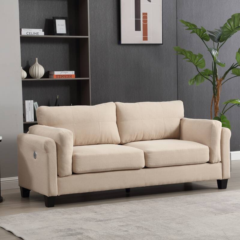 Modern 3-Seat Sofa Couch with USB Charging Ports, Button Tufted Linen Upholstered Sofa for Living Room, Home, or Office - Khaki