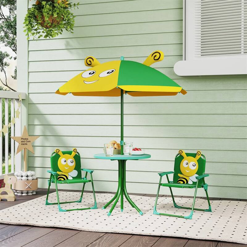Kids Outdoor Picnic Table and Chair Set with Adjustable Umbrella Lion Pattern Foldable Table and Chairs for Ages 2-5
