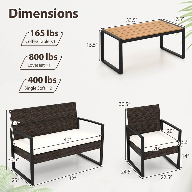 Gymax 4 Pieces Patio Furniture Set PE Rattan Porch Chairs w/ Loveseat