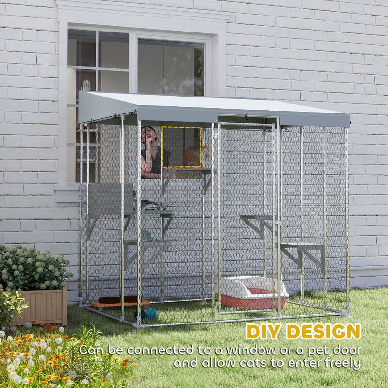 PawHut 79" Large Catio Outdoor Cat Enclosure, Galvanized Steel Outdoor Cat House with 420D Waterproof Canopy, Silver