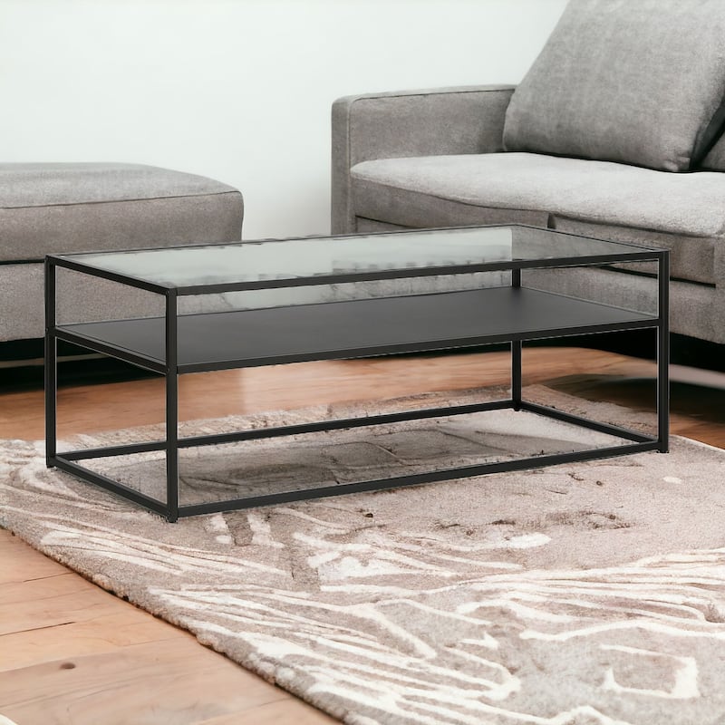 46 Inch Black Glass Coffee Table with Steel Base and Storage Shelf - 46” x 20” x 17”