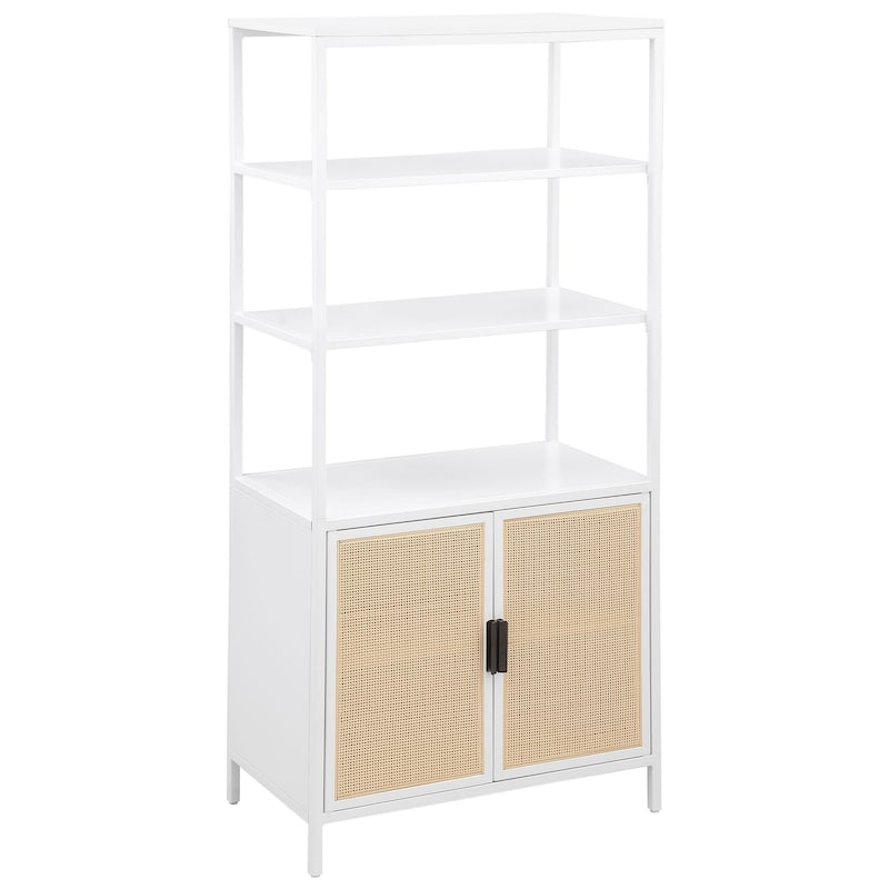 Lanie Tall Accent Cabinet, 3 Shelves 2 Doors, PE Cane, White Metal