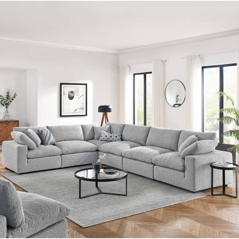 Commix Down Filled Overstuffed Boucle Fabric 6-Piece Sectional Sofa - Light Gray