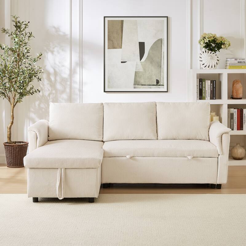 Convertible Corduroy Modular Loveseat Pull-Out Sleeper with Storage Chaise and Reclining Backrest for Living Room