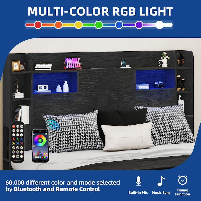 Queen/King Size LED Bed Frame with Bookcase Headboard, 4 Storage Drawers and Charging Station
