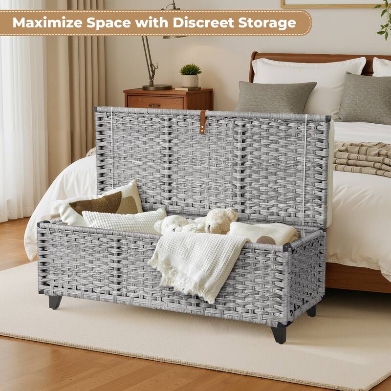 Wicker Storage Bench with Cushion for Bedroom, Living Room, Porch - 18.5'' H X 43.3'' W X 18.5'' D