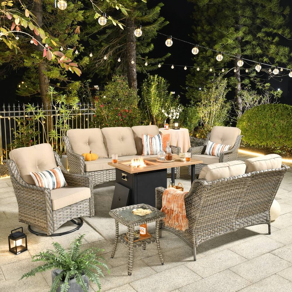 HOOOWOOO 6-piece Wicker Outdoor Conversation Set Swivel Chairs with Fire Pit