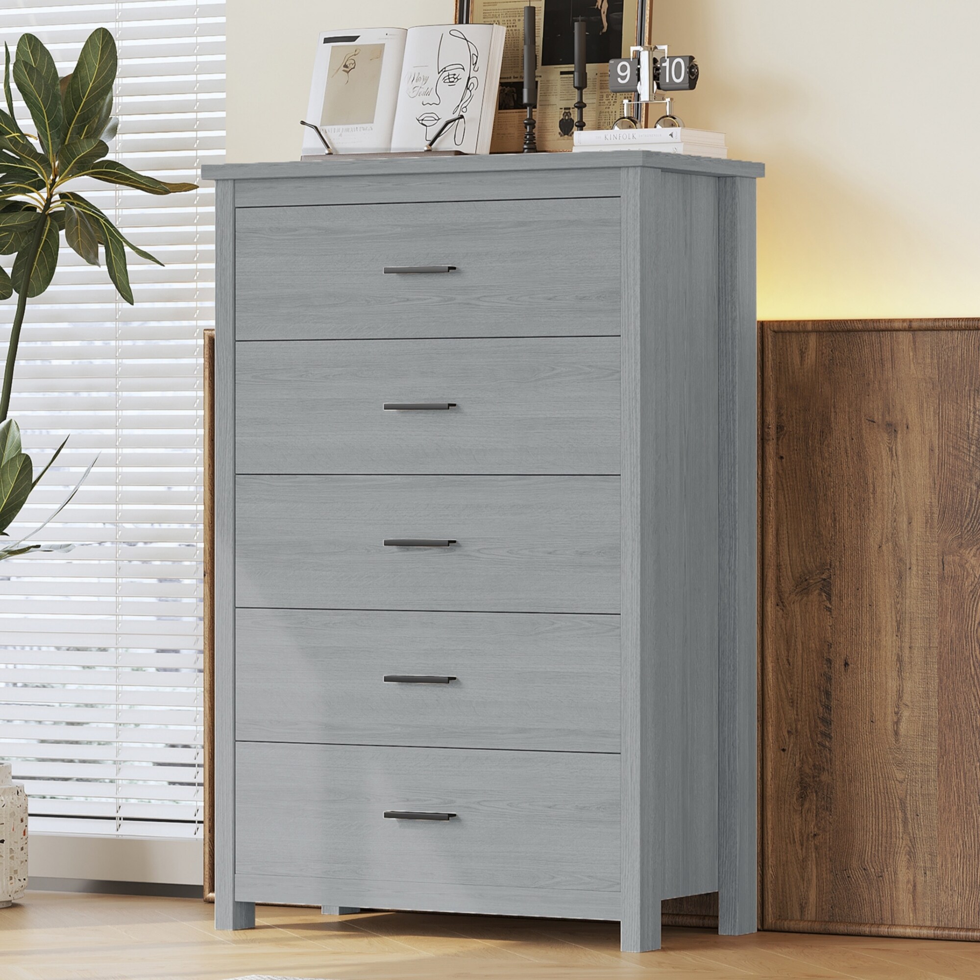 slim fit dress slacks Benjara Deena 49 Inch 6 Drawer Tall Dresser Chest with Metal Handles, Light  Gray main image 1