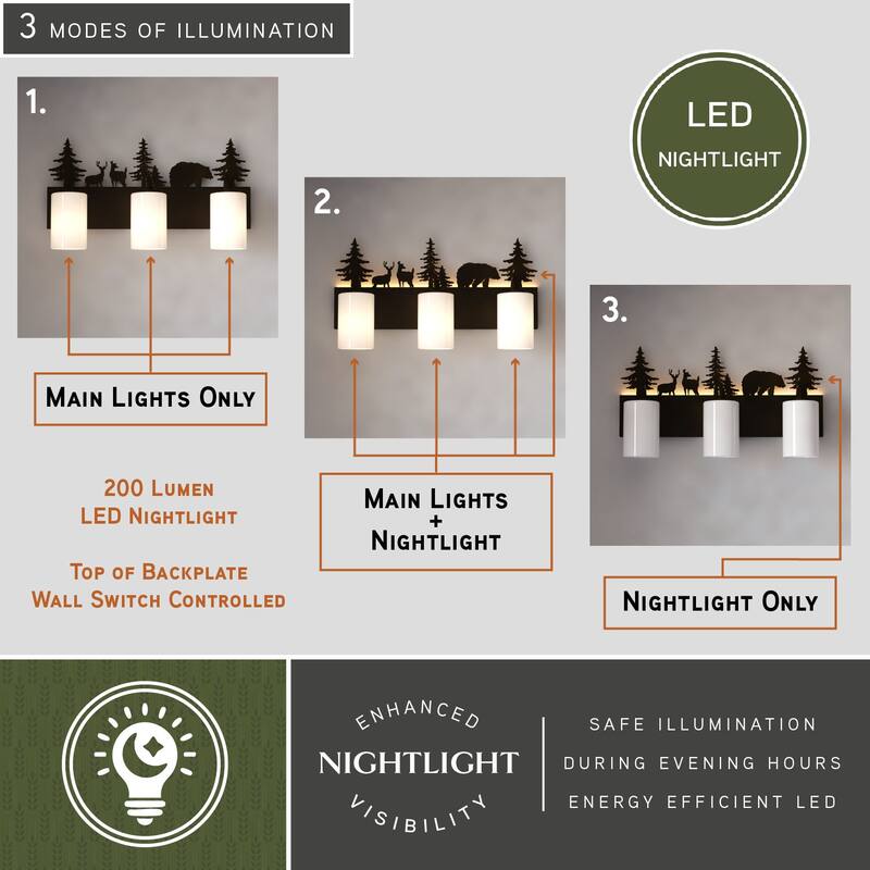 VAXCEL Acadia Bronze Rustic Wildlife Bathroom Vanity Lighting Wall Fixture with Nightlight, Frosted White Glass Shade