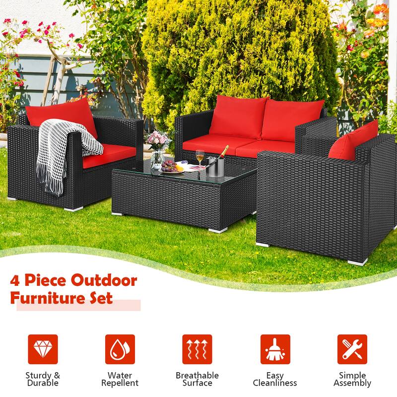 Costway 8PCS Patio Rattan Cushioned Sofa Chair Coffee Table Garden Red - See Description