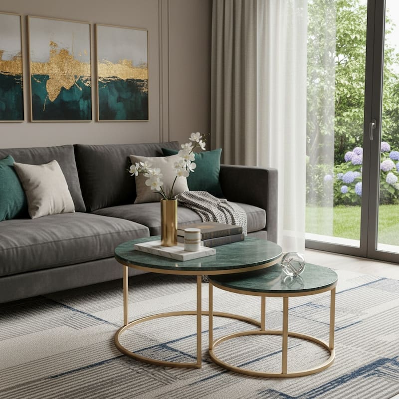 HomeRoots Set Of Two Green and Gold Genuine Marble and Iron Round Frame Nested Coffee Tables - Green