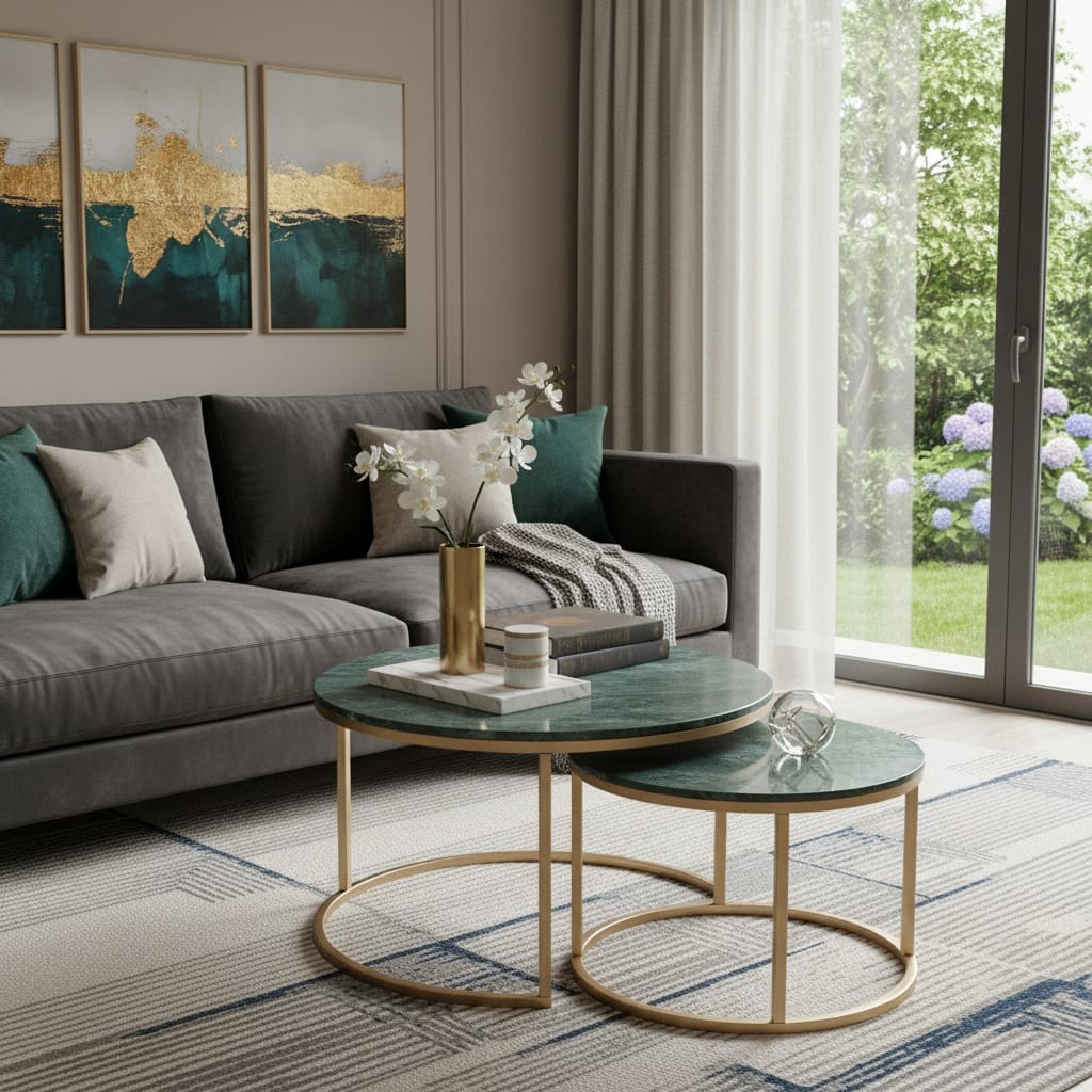 HomeRoots Set Of Two Green and Gold Genuine Marble and Iron Round Frame Nested Coffee Tables