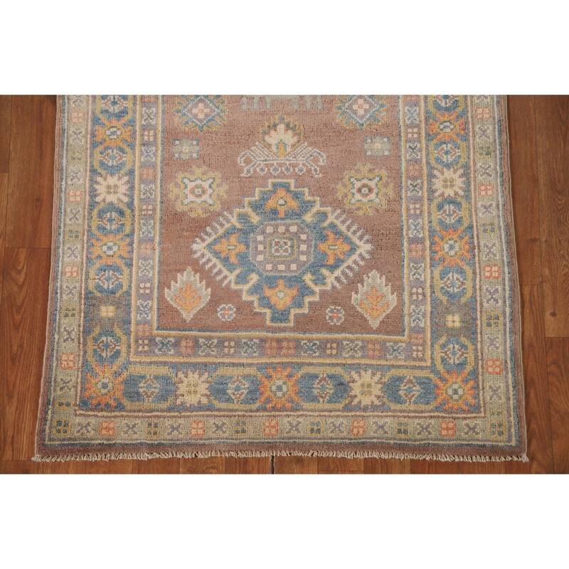 Geometric Brown Kazak Runner Rug Handmade Wool Carpet - 2'10" x 8'4"