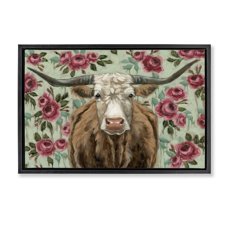 Stupell Longhorn with Magenta Blooms Framed Floater Canvas Wall Art Design By Sara G. Designs - 31 x 21 - Black