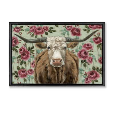 Stupell Longhorn with Magenta Blooms Framed Floater Canvas Wall Art Design By Sara G. Designs