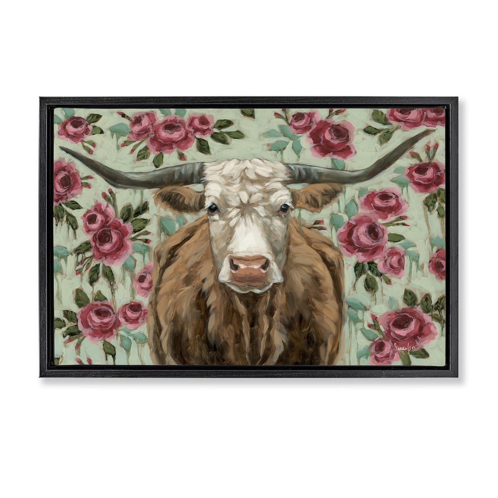 Stupell Longhorn with Magenta Blooms Framed Floater Canvas Wall Art Design By Sara G. Designs