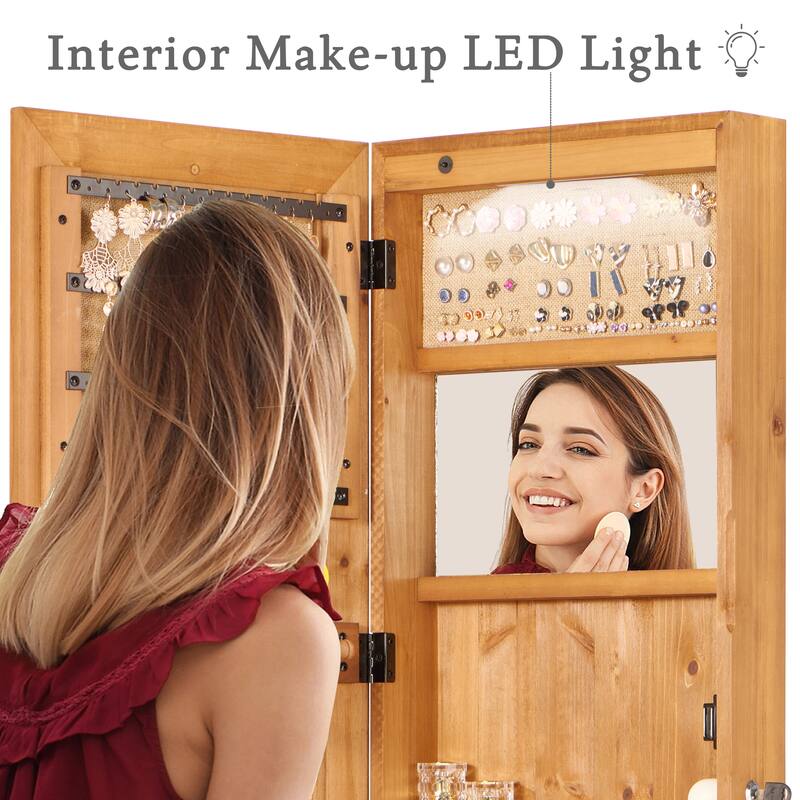 Wall-Mounted Solid Wood Jewelry Cabinet with Full-Length Mirror, 47.5x14.3 Inch, Lockable Organizer with LED Lighting‌.