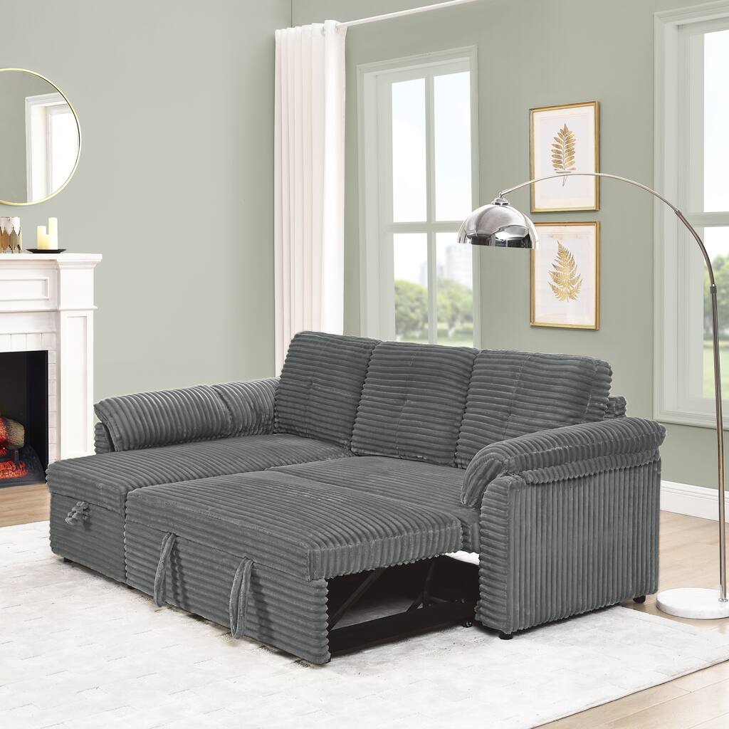 Corduroy Sleeper Loveseat Sofa with Pull-Out Bed & Storage Chaise - Convertible Couch for Small Spaces