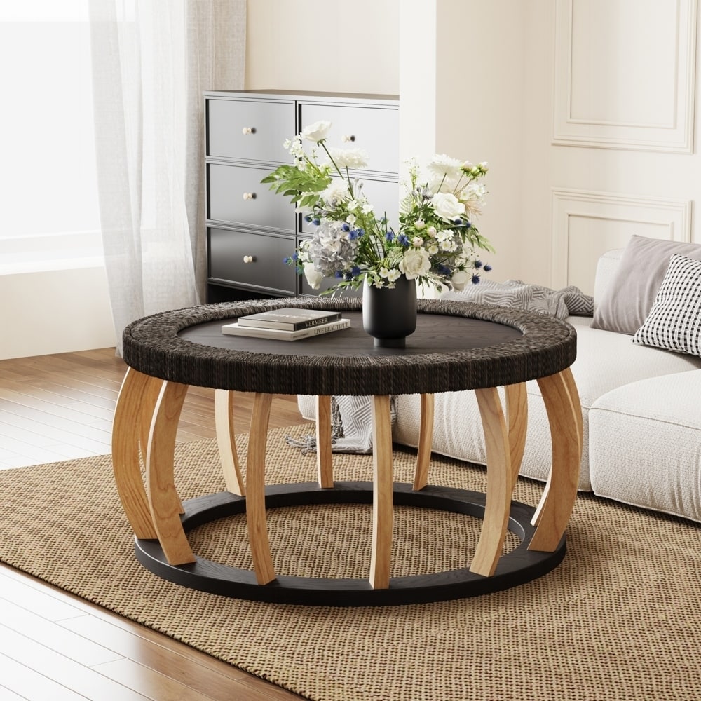 Vintage Rattan Solid Wood Round Coffee Table with Curved Legs