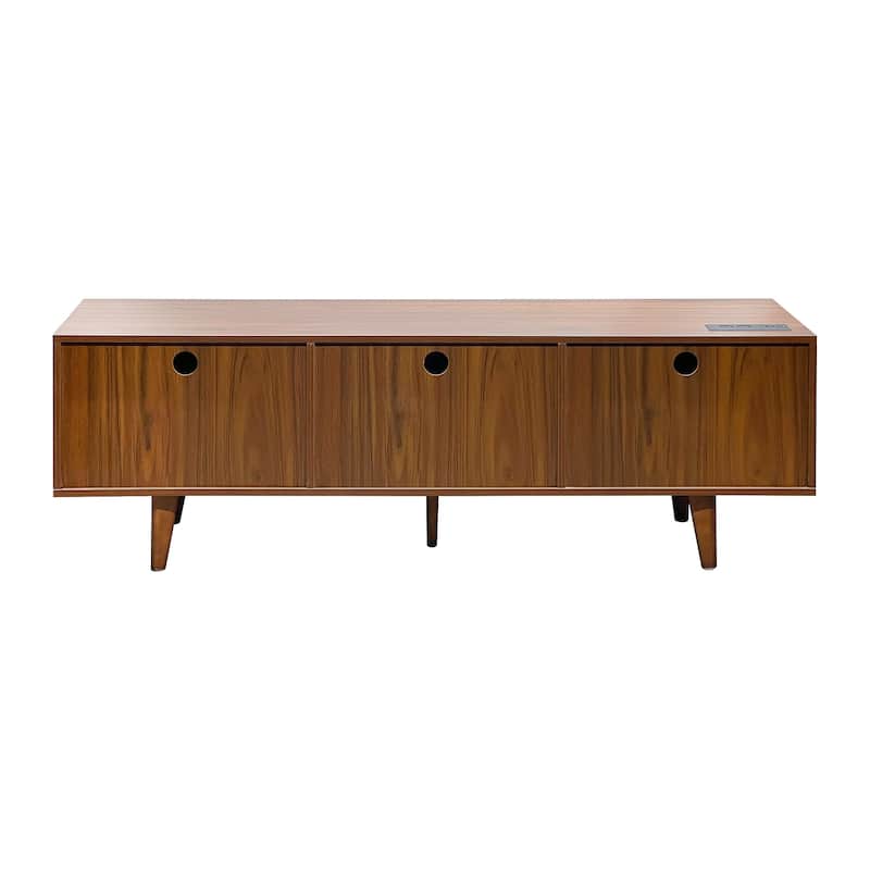 TV Stand with Rattan Cabinet Doors, Entertainment Center with Shelves and 2 Cabinets, Console Table with Solid Wood Feet
