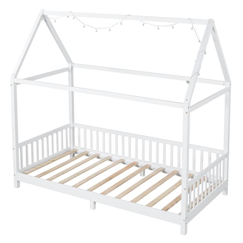 Kids Wooden Bed with Roof and Fence Style Frame, LED Lights and Full Guardrail Design