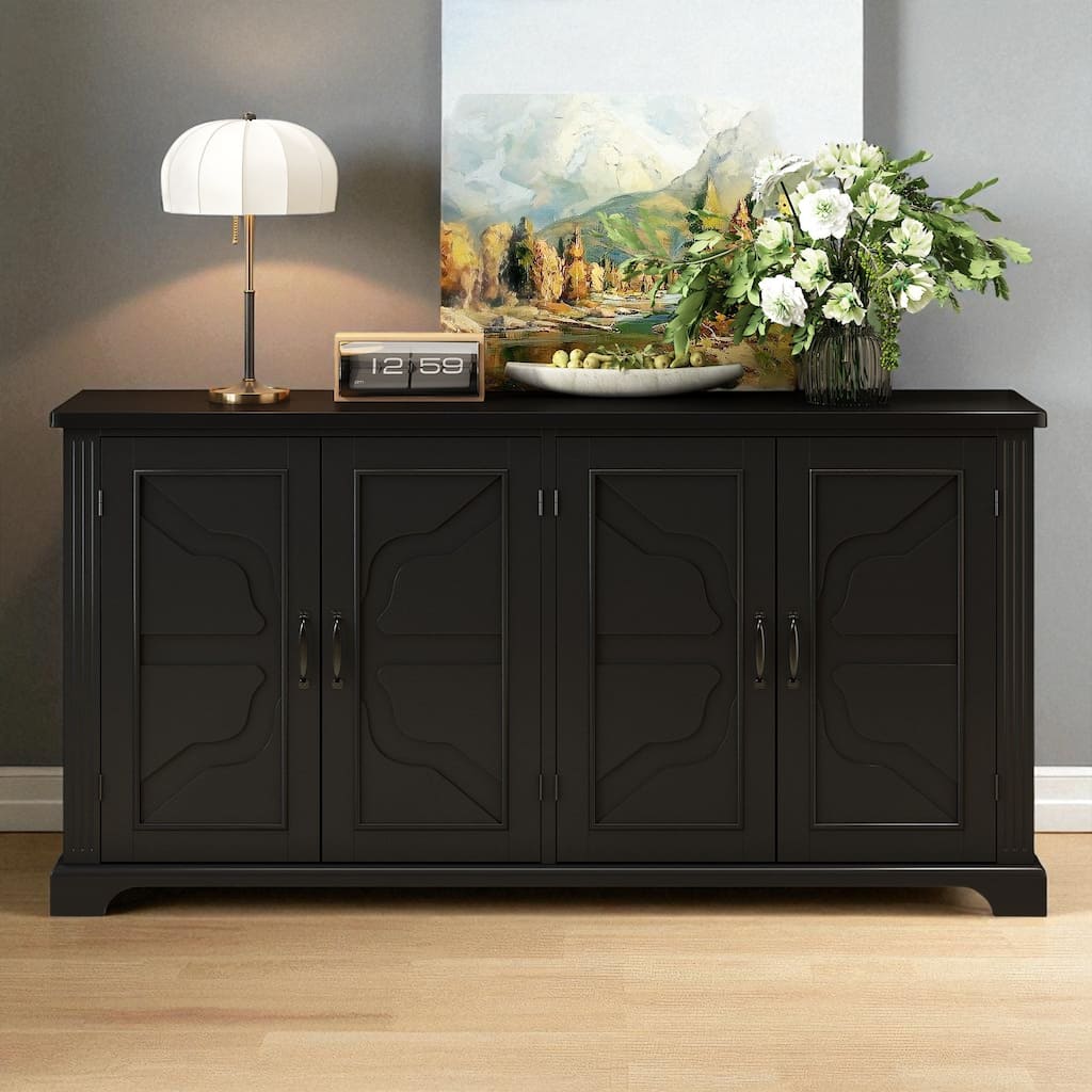 62.8" Rustic Wood Sideboard with Solid Pine Doors, Adjustable Shelves and Metal Handles for Hallway or Kitchen