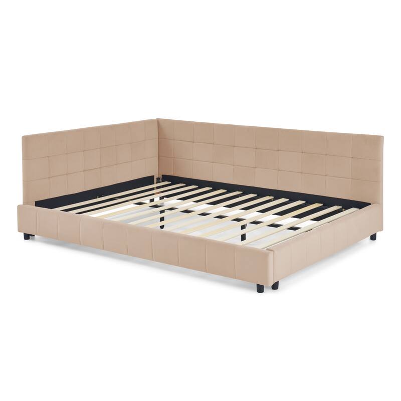 Roomfitters Queen Upholstered Tufted Sofa Bed Frame with Backrest and Armrests, Velvet Platform Bed