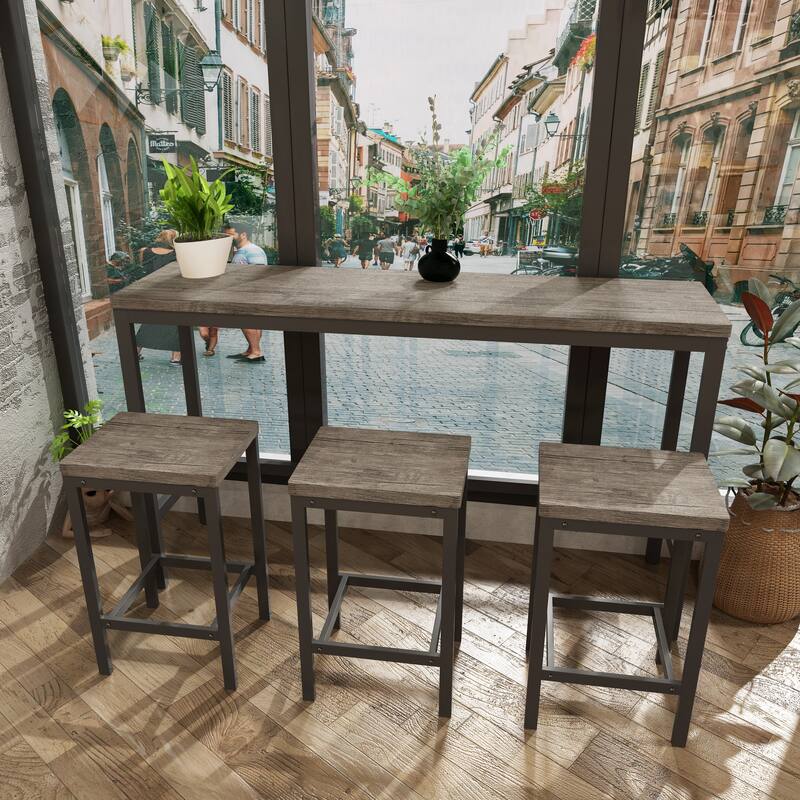 Long Dining Table Set with 3 Stools Pub Kitchen Set Side Table with Footrest