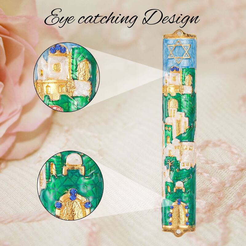 Matashi Hand Painted 5.5" Blue and Ivory Enamel Jerusalem Cityscape Mezuzah Embellished with Gold Accents and Star of David