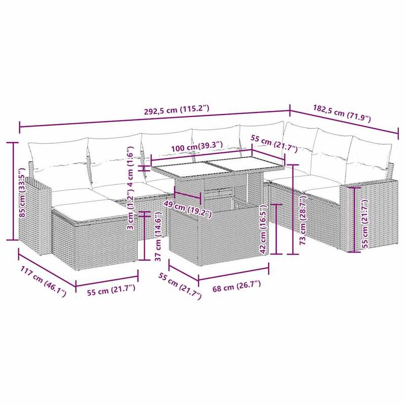 vidaXL Patio Sofa Set with Cushions and Table Outdoor 9 Piece Poly Rattan - 24.4 x 24.4 x 27.2