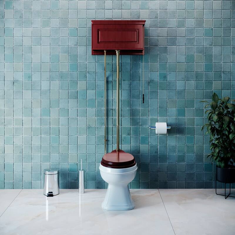 Cherry Wooden High Tank Toilet Raised Tank, Brass Z Pipe and Round White Bowl