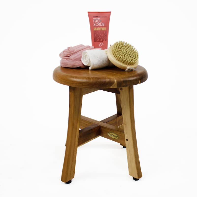 EcoDecors Shoji EarthyTeak 13.5" Teak Wood Round Shower Stool - 11.5" L x 11.5" D x 13.5" H