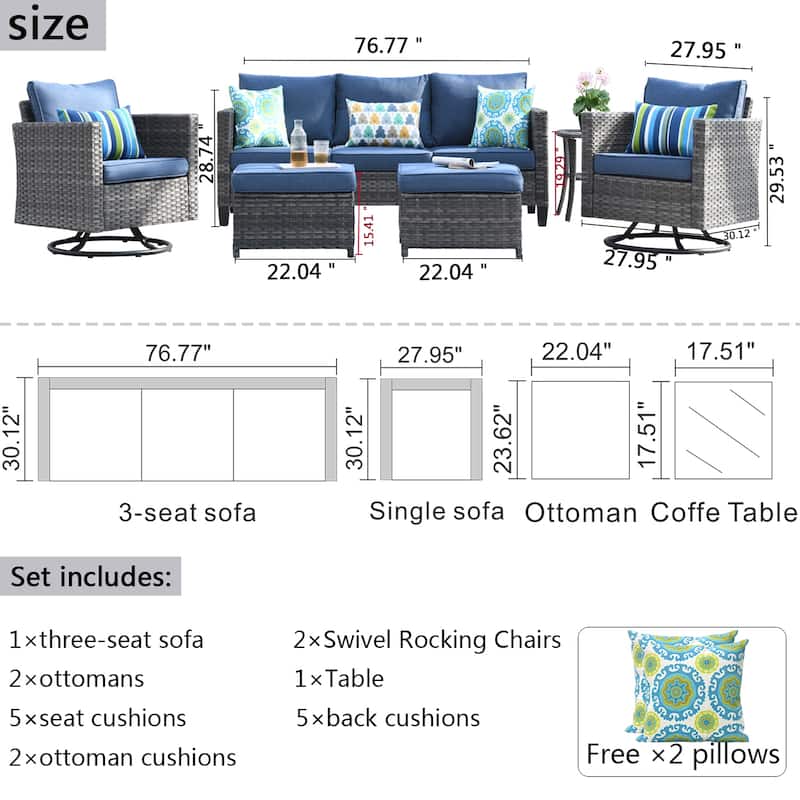 OVIOS 6-piece Patio Wicker Conversation Sofa Set with Swivel Rocking Chairs