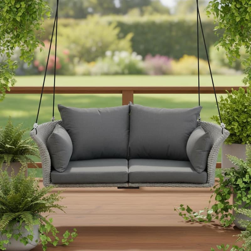 40" Gray Woven Rattan Outdoor Swing Chair with Gray Cushion - Gray