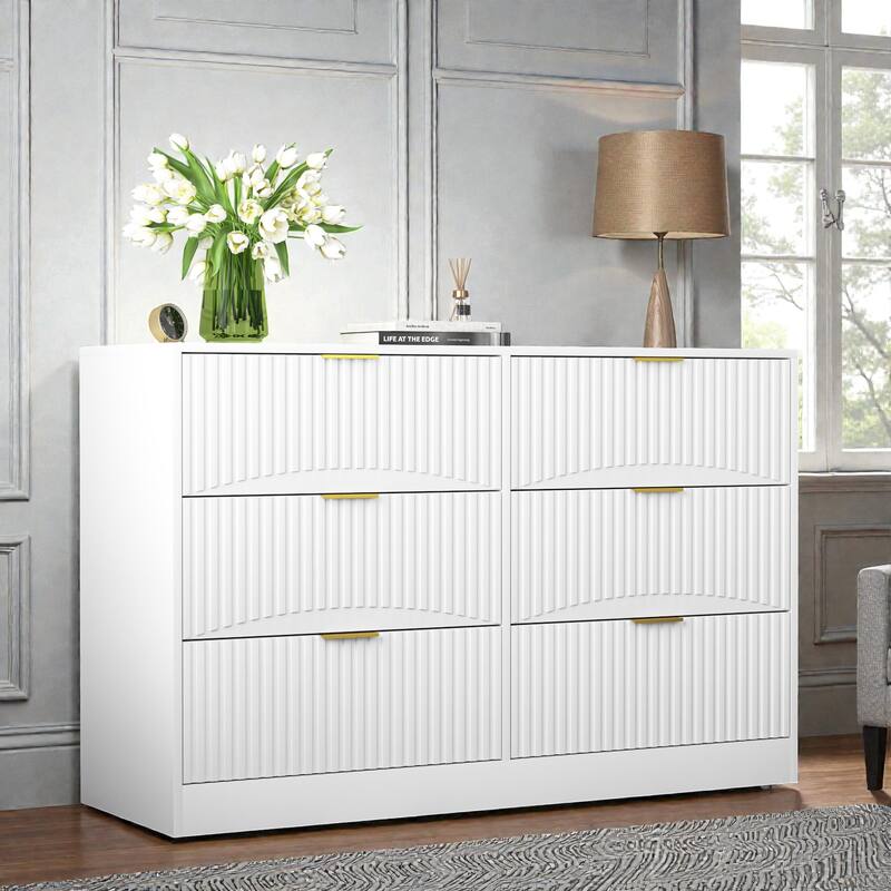 Modern 6 Drawer Dresser with Wavy Drawer Fronts, Large Chest of Drawers Storage Cabinet for Bedroom Living Room