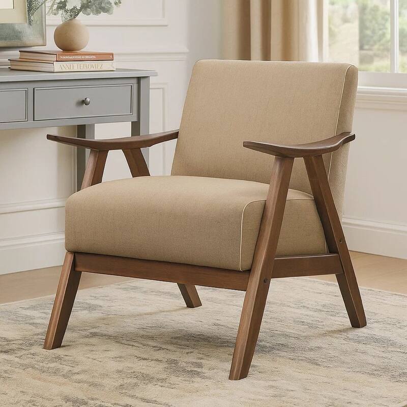 Fabric Upholstered Accent Chair with Curved Armrests, Light Brown