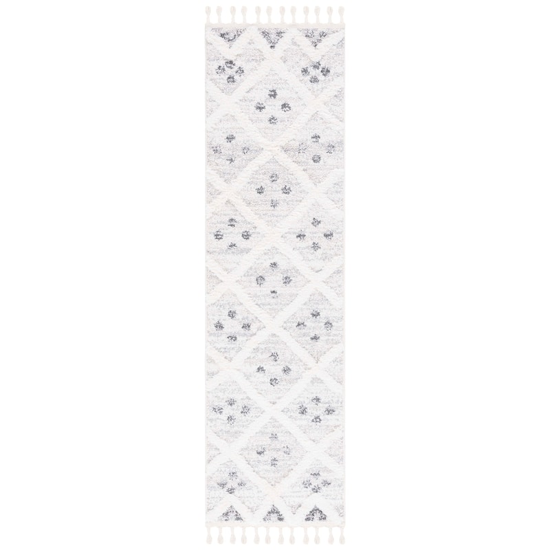 SAFAVIEH Moroccan Tassel Shag Lennie Trellis 2-inch Thick Rug - 2'3" x 8' Runner - Beige/Ivory