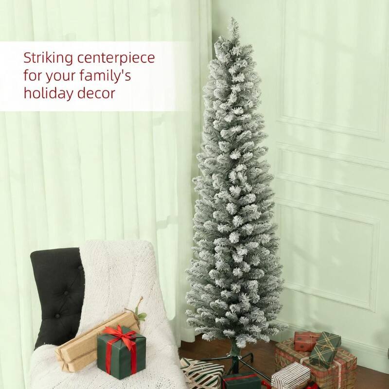 Snow Flocked Pencil Artificial Tree - Metal Base, Holiday Decor - Green