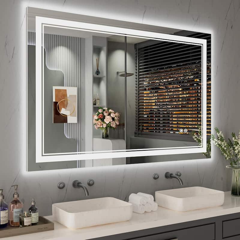 Full Size Front & Back LED Lighted Anti-fog Tempered Glass Wall Bathroom Vanity Mirror - 48" x 32"