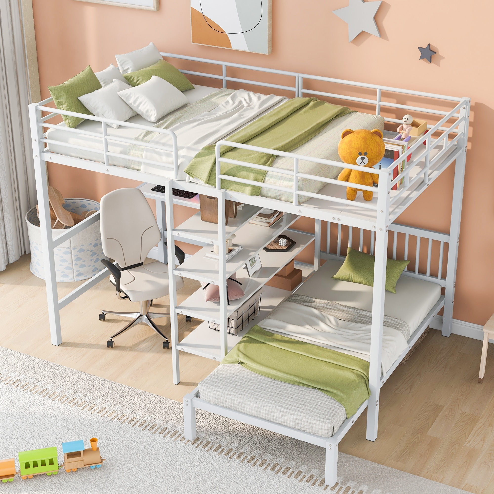 Full Over Twin Metal Bunk Bed with Built-in Desk and Shelving