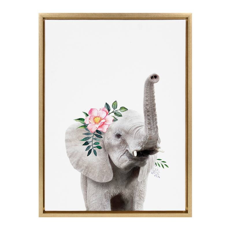 Kate and Laurel Sylvie Flower Crown Elephant Framed Canvas by Amy Peterson