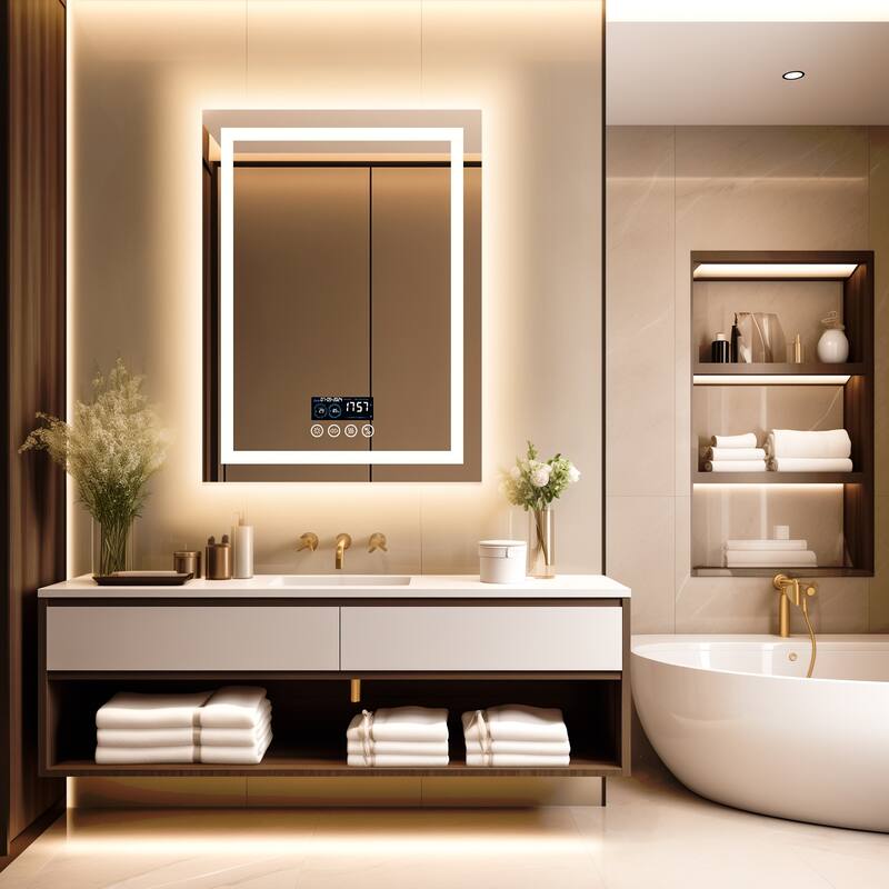 Smart LED Illuminated Fog-free Large Bathroom Mirror with Bluetooth Speakers, Digital Display