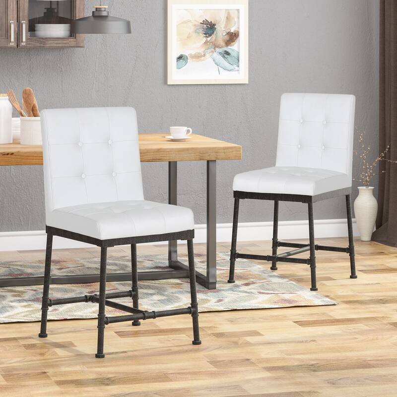 Modern Set of 2 Bar Stools with Button Tufted Leather Back, Upholstered Seat, Metal Legs for Kitchen Island Bar and Dining Room - White