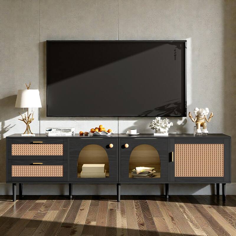 Rattan TV Stand with LED Lights, 3 Cabinets & 2 Drawers, Media Console for TVs up to 80'', Modern Entertainment Center - Black