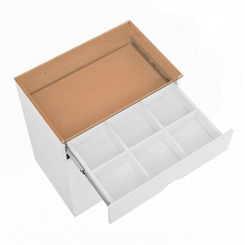 3 Storage Drawers Nightstand with Glass Top Jewelry Storage and Faux Leather Handles