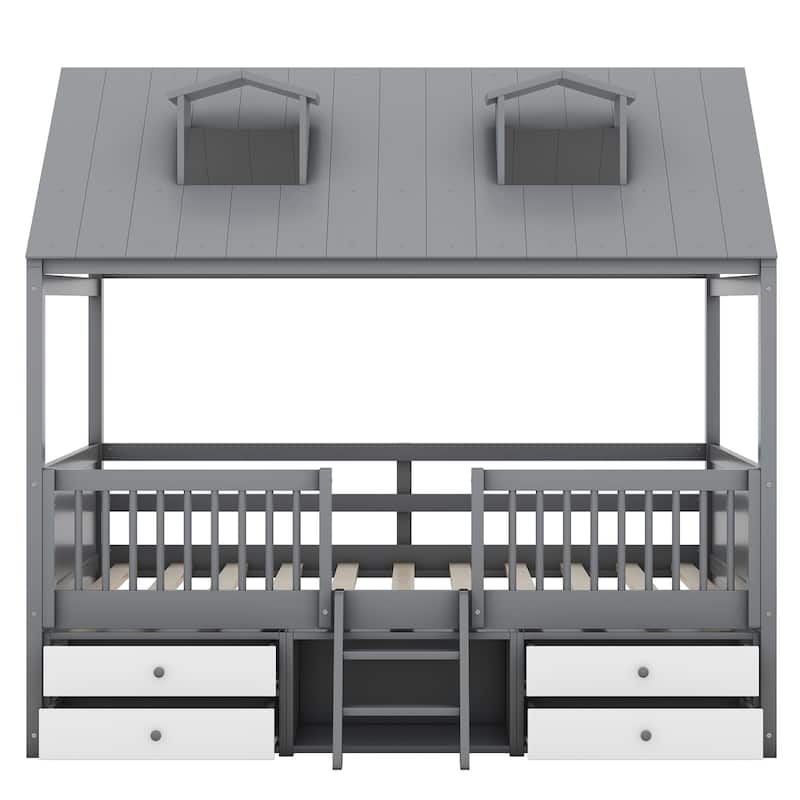 Gray Full Size Wood House Bed with Fence & Roof