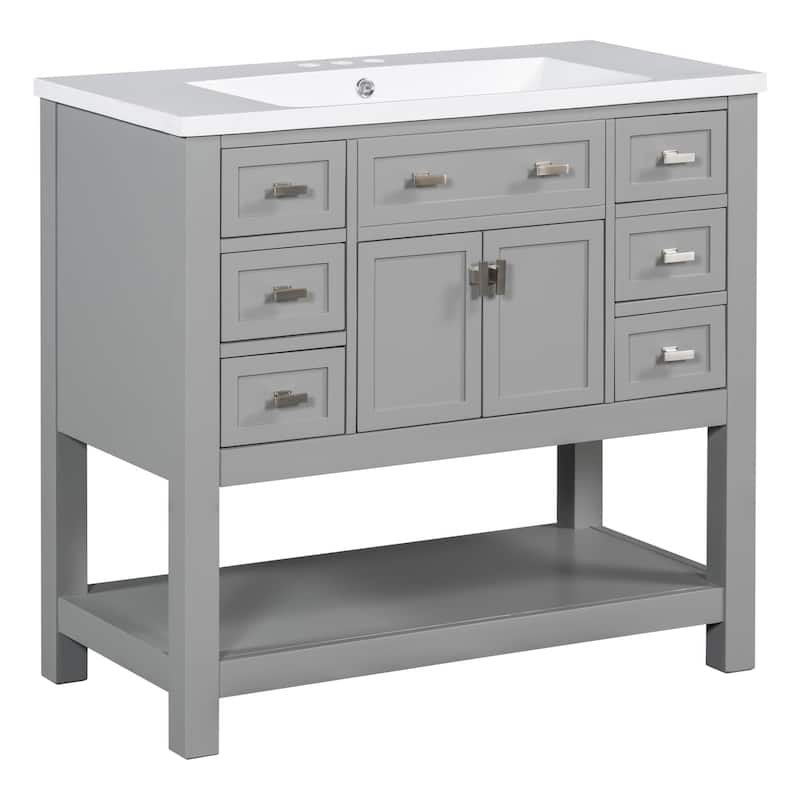 Plywood Freestanding Bathroom Vanity Set in Maple with Integrated Ceramic Sink with Drain - 36" x 18"
