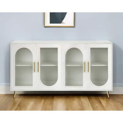 HomeRoots 60" White Ribbed Texture Wood And Glass Sideboard with Four Doors - 60' X '32.3' X '15.7