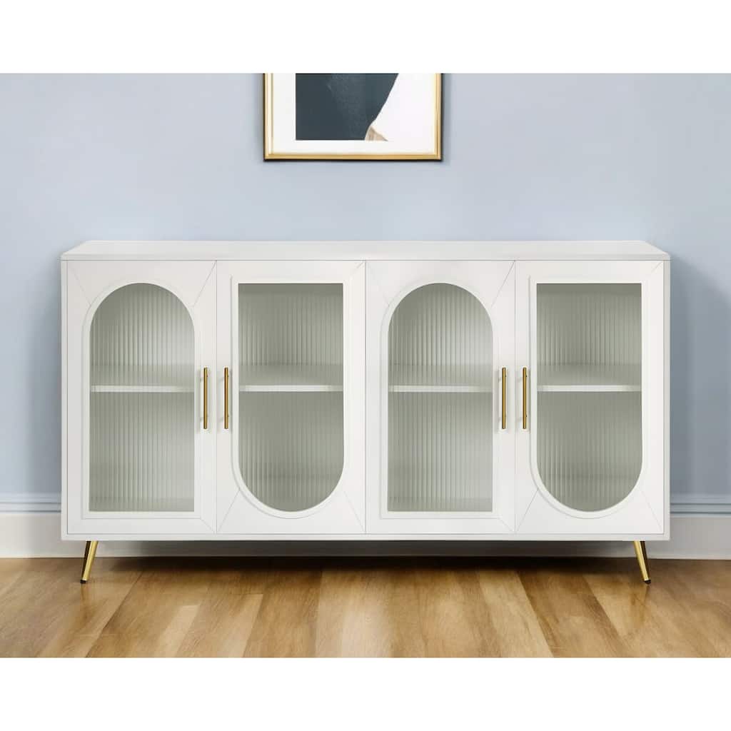 HomeRoots 60" White Ribbed Texture Wood And Glass Sideboard with Four Doors - 60' X '32.3' X '15.7