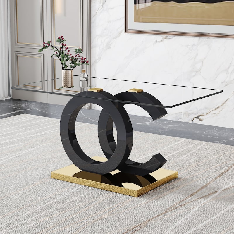 Large modern minimalist rectangular glass dining table,suitable for 6-8 people,equipped with 0.39 "tempered glass tabletop - Black+Gold,Transparent